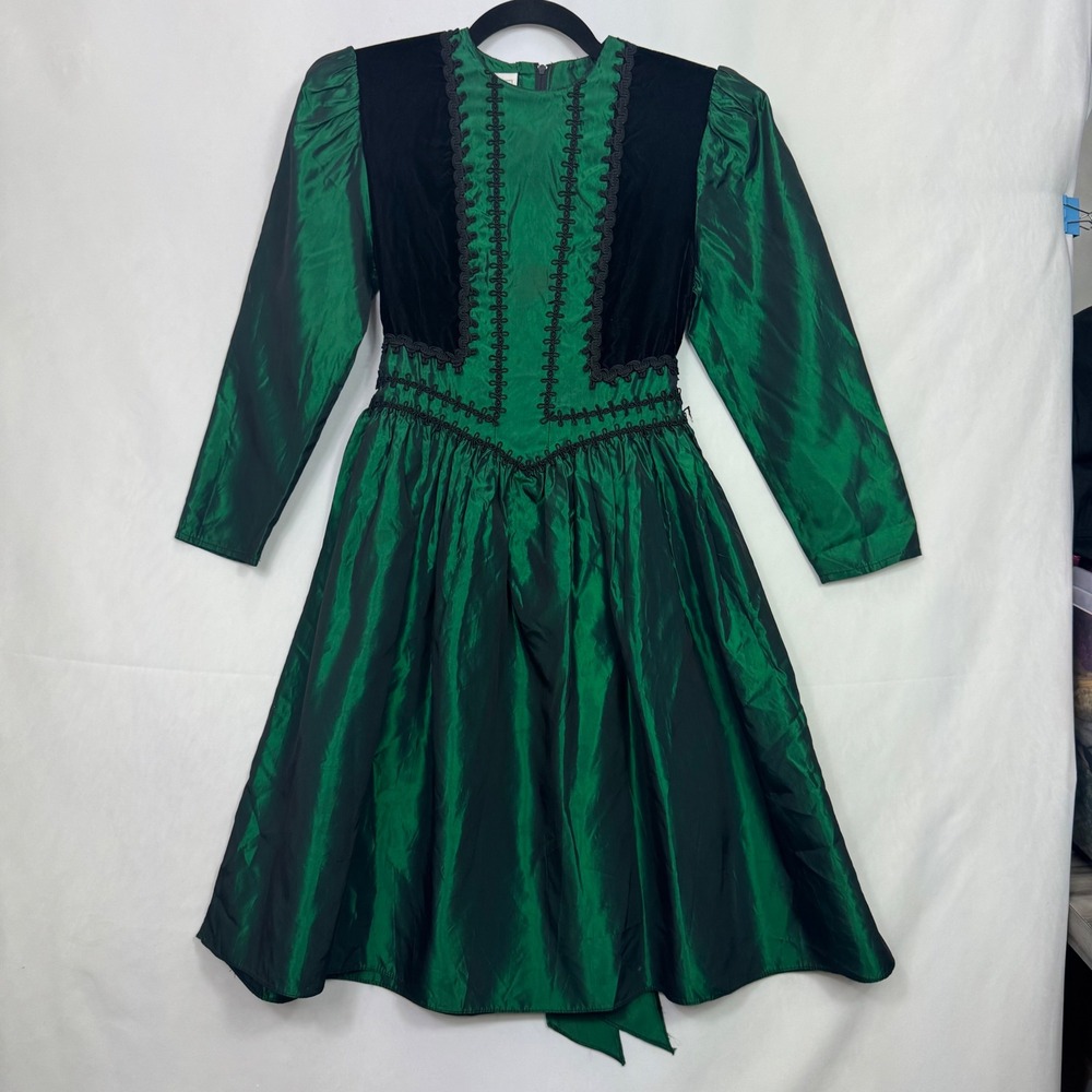 Vintage 80s Gunne Sax Jessica McClintock Emerald Green Renaissance Taffeta Dress